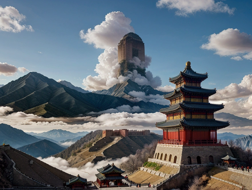 Mountains, clouds, ancient Chinese architecture, cranes