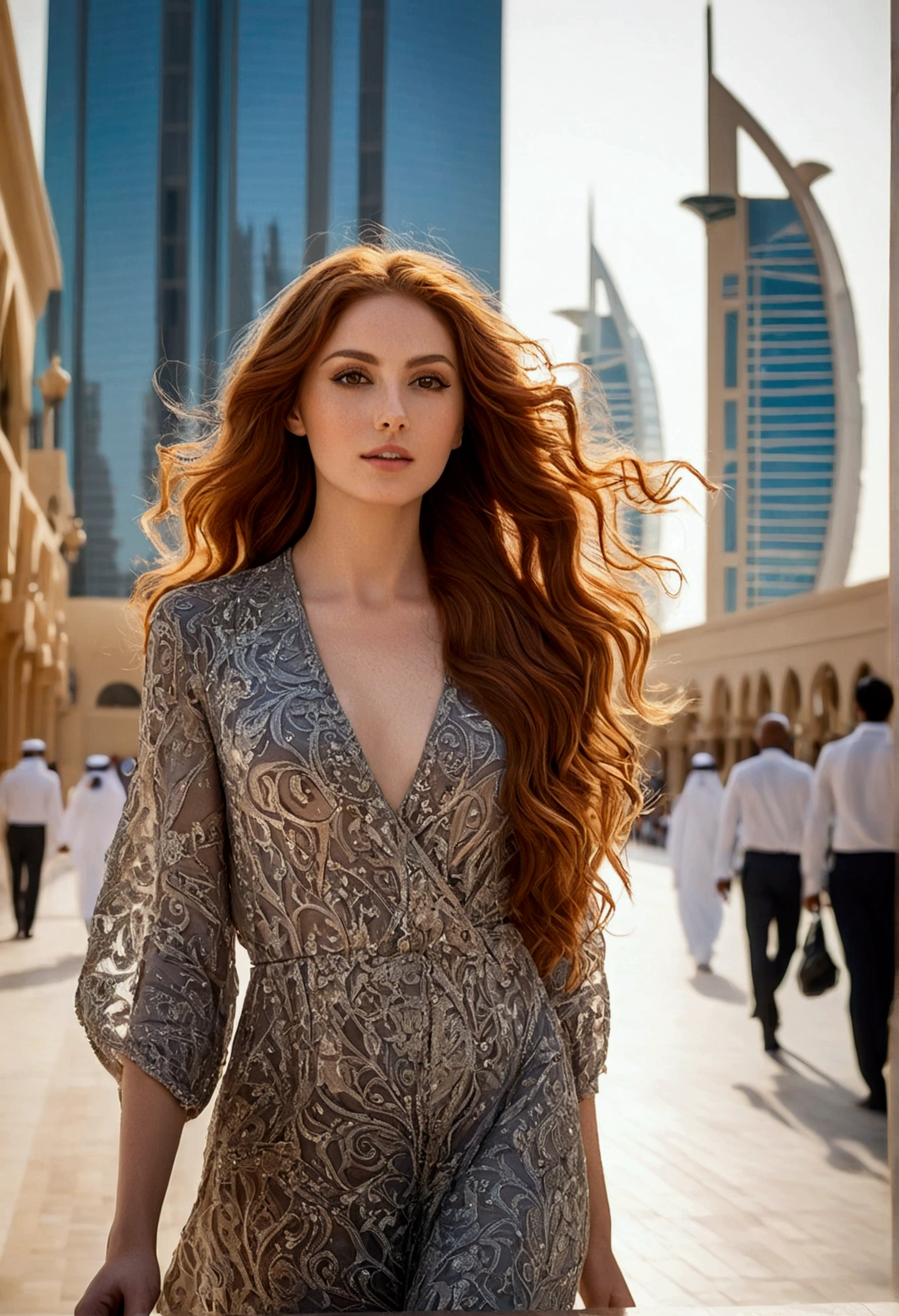Amidst the opulent architecture and bustling streets of Dubai, a striking young woman with long, wavy auburn hair and a sultry gaze takes a leisurely stroll, her effortless beauty and alluring aura capturing the essence of the city.