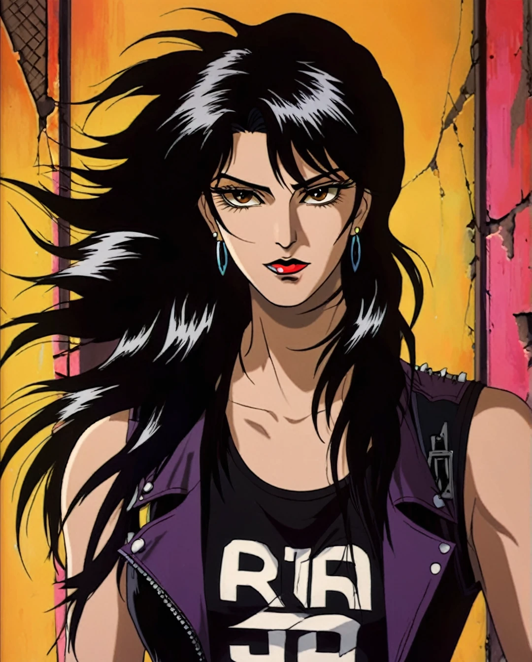 A rebellious Saudi Arabian woman, her black hair styled into a punk rock inspired look, complements her brown eyes and light brown tan skin. The image, possibly a vibrant painting or a striking photograph, captures her bold and unique style with precision. Every detail, from her edgy clothing to her unconventional appearance, exudes an air of confidence and individuality. The high quality of the image allows viewers to truly appreciate the essence of her unconventional beauty and self-expression.