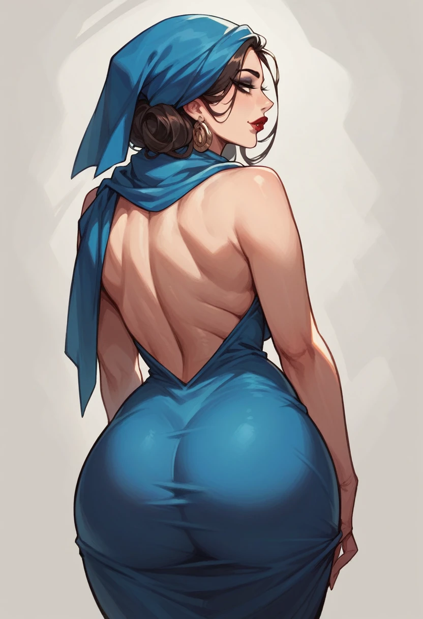 Mature woman, solo, light skin, dark brown long thin hair, makeup, black eyeliner, red big lips, blue decent dress, blue headscarf, back view, ass