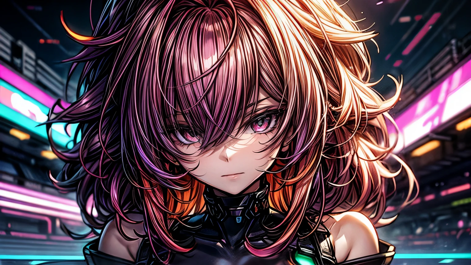 anime shiny flourescent curly hair, neon orange neon purple color