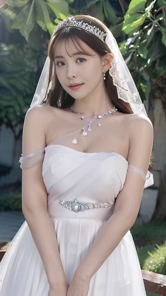 (highest quality, table top:1.2), (realistic:1.3), (Very detailed background, detailed background), bokeh,shot from the side,  ((huge  breasts)), [[valley]],(princess line transparent wedding dress:1.3),(((one shoulder:1.3))), bridal tiara, bridal veil, bridal gauntlet,  Upper body, (Wedding venues near the sea:1.2), smile,ditch，Expose the base of the thighs