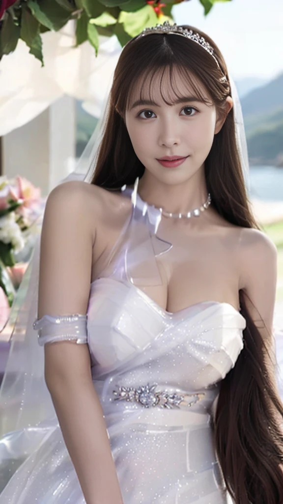 (highest quality, table top:1.2), (realistic:1.3), (Very detailed background, detailed background), bokeh,shot from the side,  ((huge  breasts)), [[valley]],(princess line transparent wedding dress:1.3),(((one shoulder:1.3))), bridal tiara, bridal veil, bridal gauntlet,  Upper body, (Wedding venues near the sea:1.2), smile,ditch，Expose the base of the thighs