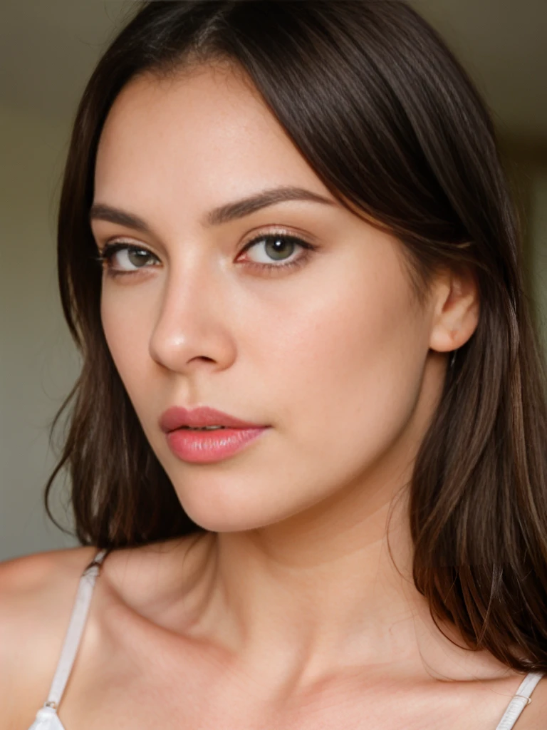 A beautiful girl, face detail, brown eyes, almond eye shape, close up face, caucasian type, innocent gaze, big lips, heart faceshape