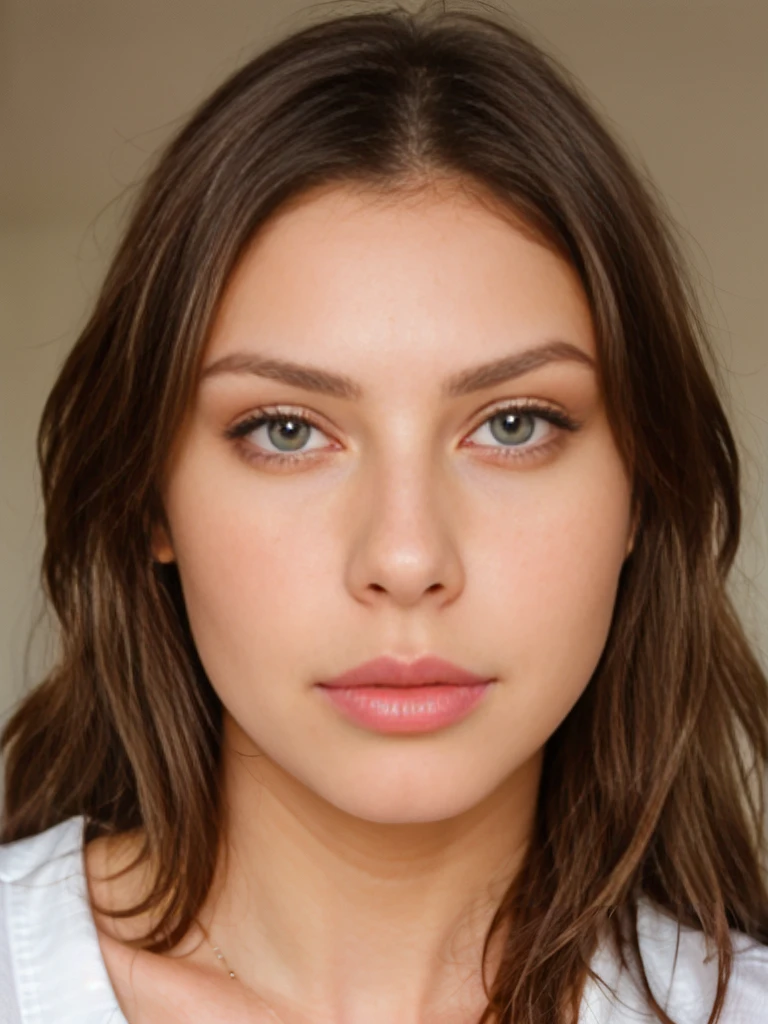 A beautiful girl, face detail, brown eyes, almond eye shape, close up face, caucasian type, innocent gaze, big lips, heart faceshape