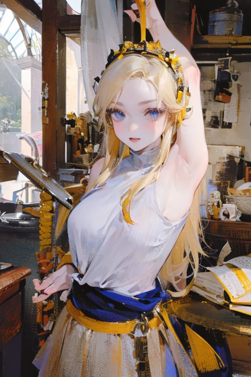 (((8k))),((Extremely meticulous CG)) ,(wallpaper),16k,((Extremely refined and beautiful))，(((Masterpiece))),(((best qualtiy))),(((Ultra High Resolution))),beautiful light up，Perfect lightning，realistic shaded，[A high resolution],(Smooth and flawless fair skin:1.5),(pale skin:1.3),Extremely exquisite facial details,(perfect body：1.1),ultra - detailed,A beautiful

A light yellow-haired girl wears viking helmet wields the Heavy Thrusting Swords from within the Elden Ring in a reverse grip.