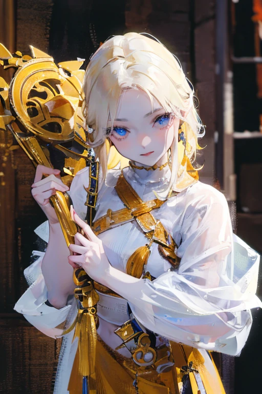 (((8k))),((Extremely meticulous CG)) ,(wallpaper),16k,((Extremely refined and beautiful))，(((Masterpiece))),(((best qualtiy))),(((Ultra High Resolution))),beautiful light up，Perfect lightning，realistic shaded，[A high resolution],(Smooth and flawless fair skin:1.5),(pale skin:1.3),Extremely exquisite facial details,(perfect body：1.1),ultra - detailed,A beautiful

A light yellow-haired girl wears viking helmet wields the Heavy Thrusting Swords from within the Elden Ring in a reverse grip.
