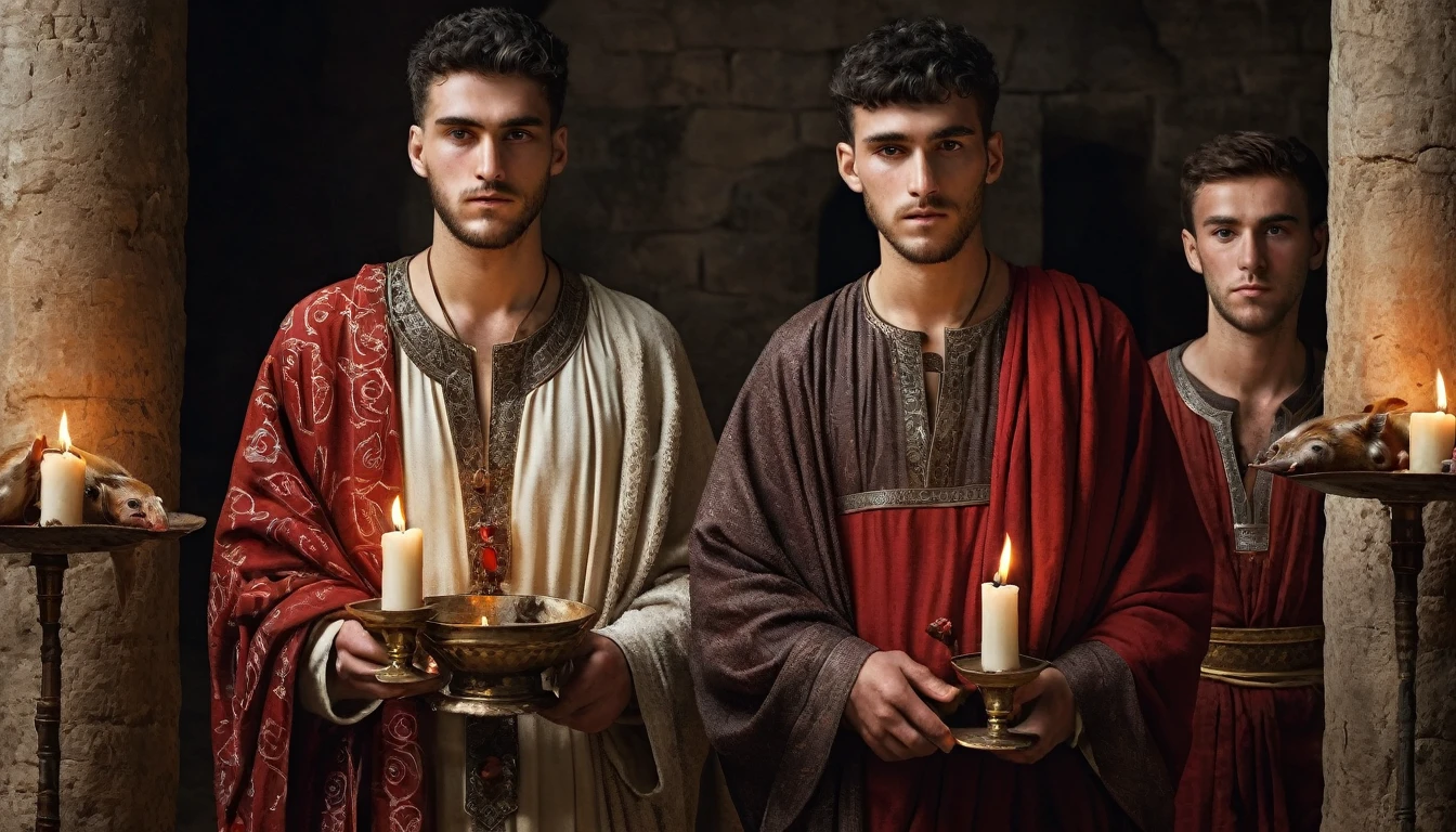 three MEN aged 18 dressed in tunic, candles, sacrificing animals with Blood, clear and ultra realistic image