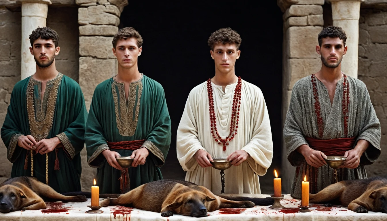 three MEN aged 18 dressed in tunic, candles, sacrificing animals with Blood, clear and ultra realistic image