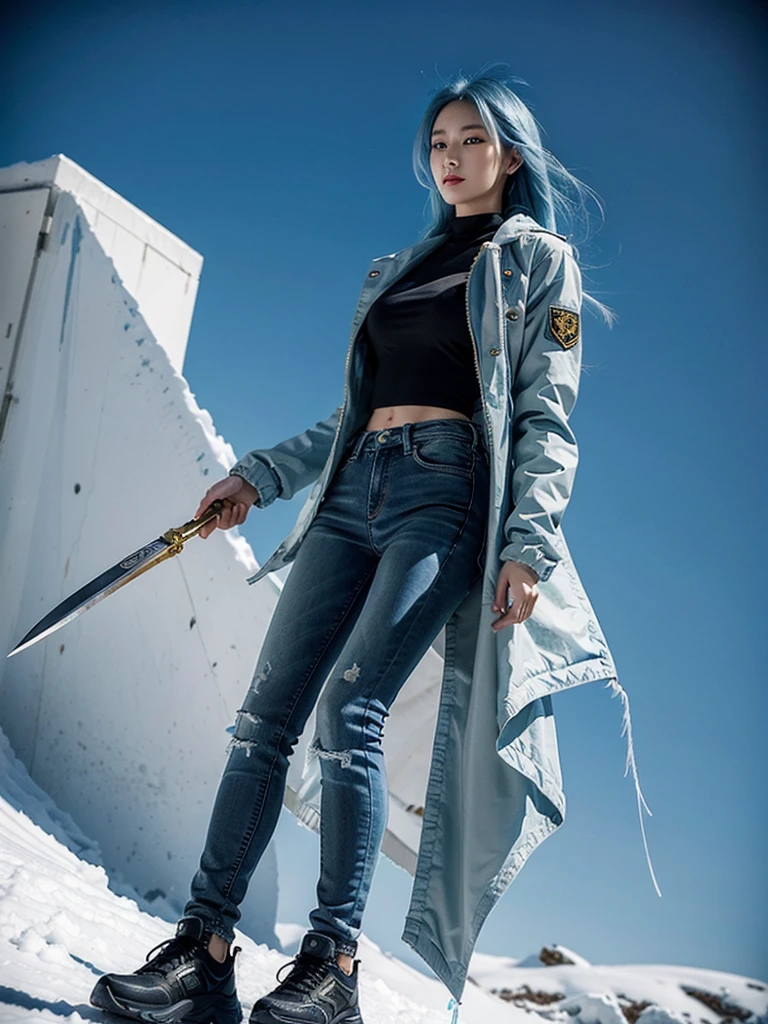 Asian，woman，25 years old，The appearance is overwhelming，Long white blue hair，Blue Eyes，Height 1.75 meters，Weight 54 kg，Golden ratio figure，The upper body is wearing a close-fitting blue Chinese sexy bellyband and a blue long-sleeved tactical jacket，Wearing black skinny jeans and tactical shoes，A Tang knife hangs from his waist，Cold personality，Surrounded by ice crystals