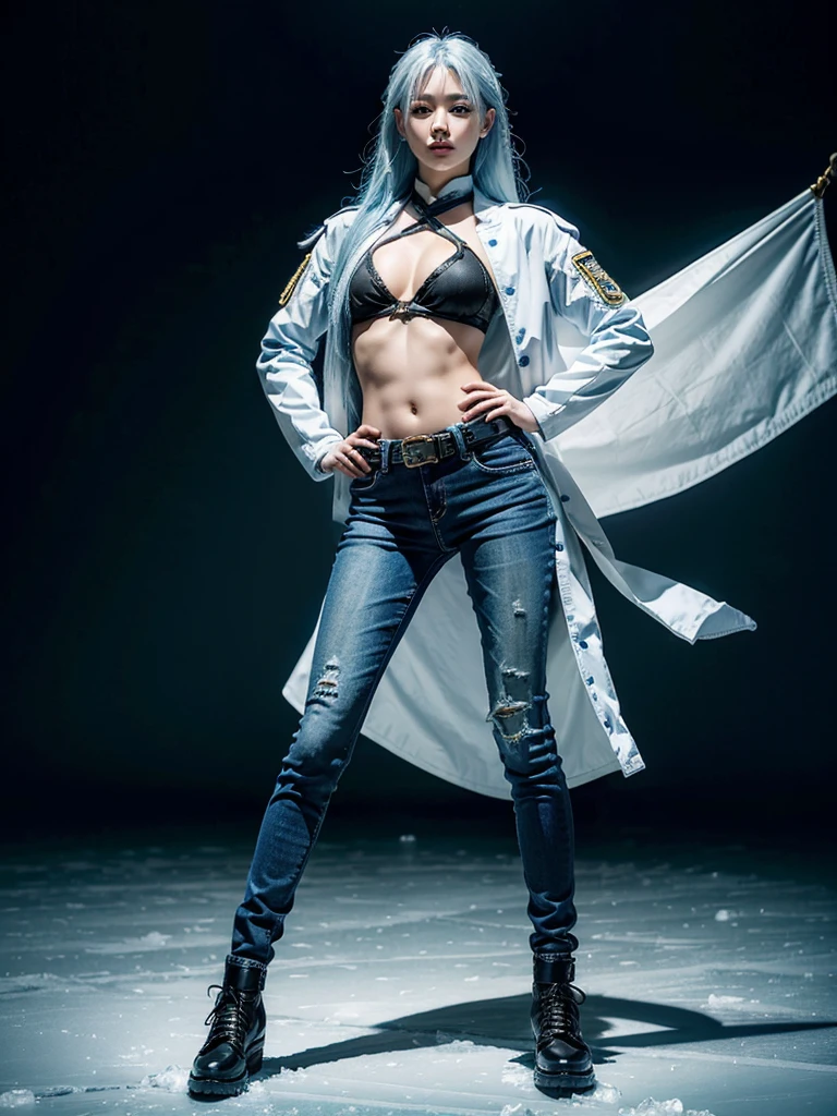 Asian，woman，25 years old，The appearance is overwhelming，Long white blue hair，Blue Eyes，Height 1.75 meters，Weight 54 kg，Golden ratio figure，The upper body is wearing a close-fitting blue Chinese sexy bellyband and a blue long-sleeved tactical jacket，Wearing black skinny jeans and tactical shoes，A Tang knife hangs from his waist，Cold personality，Surrounded by ice crystals