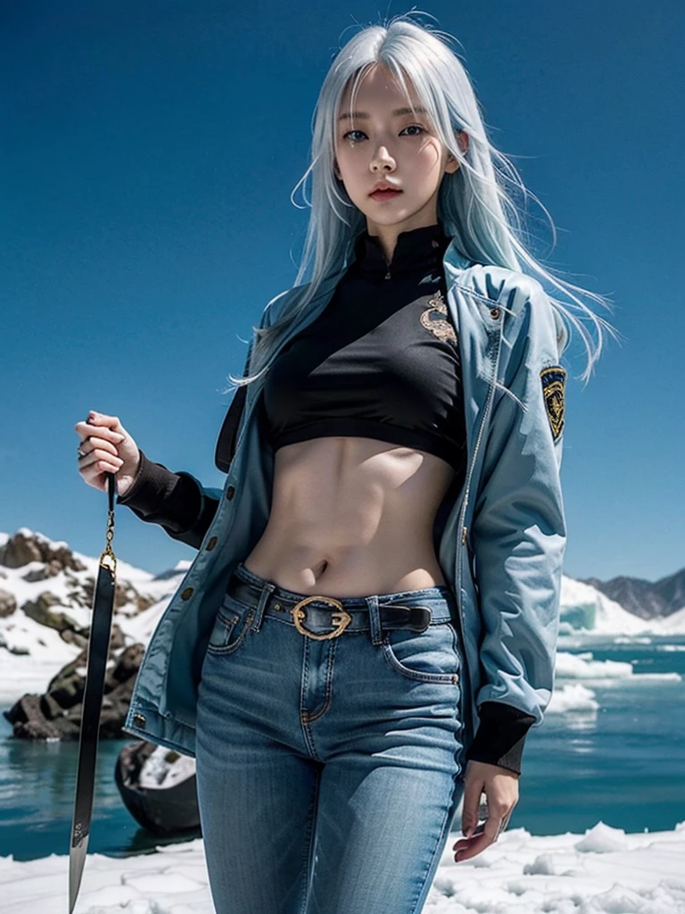 Asian，woman，25 years old，The appearance is overwhelming，Long white blue hair，Blue Eyes，Height 1.75 meters，Weight 54 kg，Golden ratio figure，The upper body is wearing a close-fitting blue Chinese sexy bellyband and a blue long-sleeved tactical jacket，Wearing black skinny jeans and tactical shoes，A Tang knife hangs from his waist，Cold personality，Surrounded by ice crystals