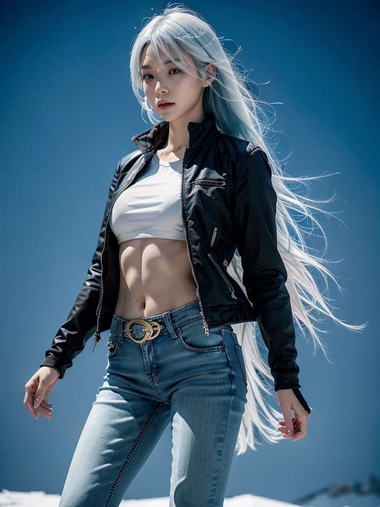 Asian，woman，25 years old，The appearance is overwhelming，Long white blue hair，Blue Eyes，Height 1.75 meters，Weight 54 kg，Golden ratio figure，The upper body is wearing a close-fitting blue Chinese sexy bellyband and a blue long-sleeved tactical jacket，Wearing black skinny jeans and tactical shoes，A Tang knife hangs from his waist，Cold personality，Surrounded by ice crystals