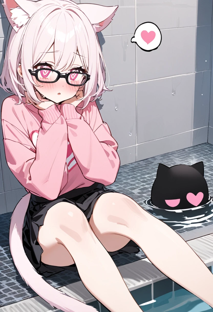 I have white pink hair, cat ears, A good, my face is super red, black glasses, pink heart eyes, a big pink sweatshirt, a black skirt a cat tail, a woman. very shy sitting in a pool her feet are inside