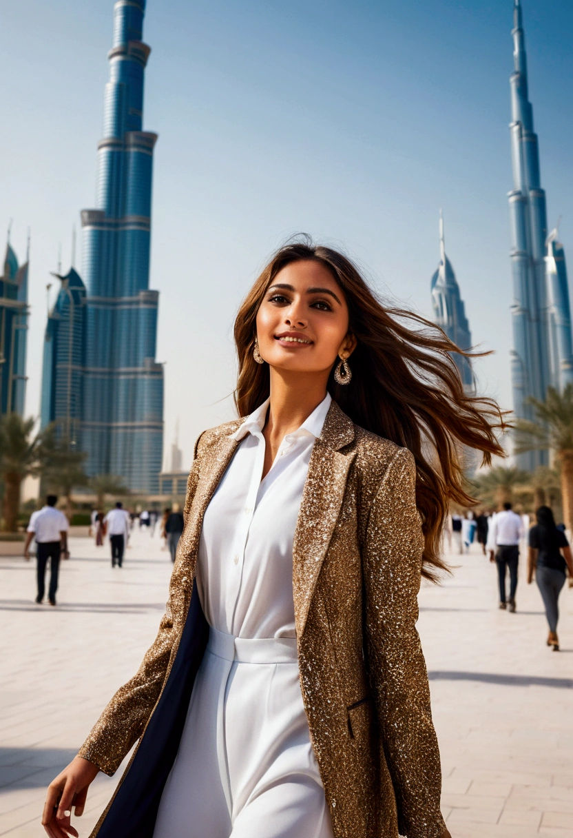 With the iconic Burj Khalifa towering in the background, a stunning young woman of Latin descent with long, tousled brown hair and a confident stride explores the bustling city of Dubai, her adventurous spirit and alluring charm making her stand out in the crowd.