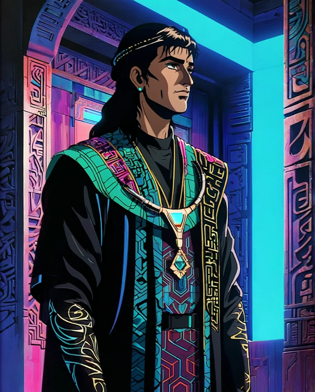 In a futuristic cyberpunk world, a Saudi Arabian man adorned in traditional clothing stands out with a twist of vaporwave aesthetics. This mesmerizing image captures the man in intricate patterns and vibrant colors, blending cultural heritage with modern technology. The artwork, whether it be a digital painting or a photograph, showcases the man's striking juxtaposition of tradition and innovation. Every detail, from the neon accents to the holographic textures, exudes a sense of high-quality artistry that immerses viewers in a unique and visually stimulating experience.