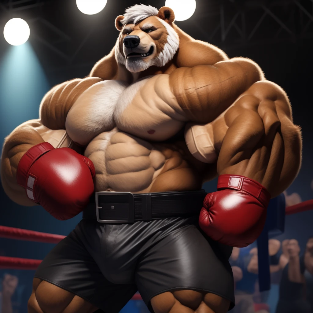 solo, 1boy, Huge Muscular Old Grizzly Bear wearing black boxing belt , black boxing gloves, huge pectoral, thick arms, brown fur, huge pectoral, wide pectoral, short white hair, short pants and shirtless, bearded, gym boxing ring background, masterpiece, semirealistic:1.2, high detailed, 8k, high resolution, punching and blocking,
