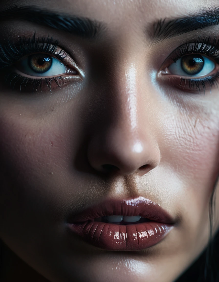 A beautiful woman with detailed eyes CRYING BLACK tears, delicate lips, and long eyelashes,  intricate facial features, raw photographic style, ultra-detailed, hyper-realistic textures, cinematic depth of field, dramatic lighting, moody atmosphere, high contrast, dark and muted color palette