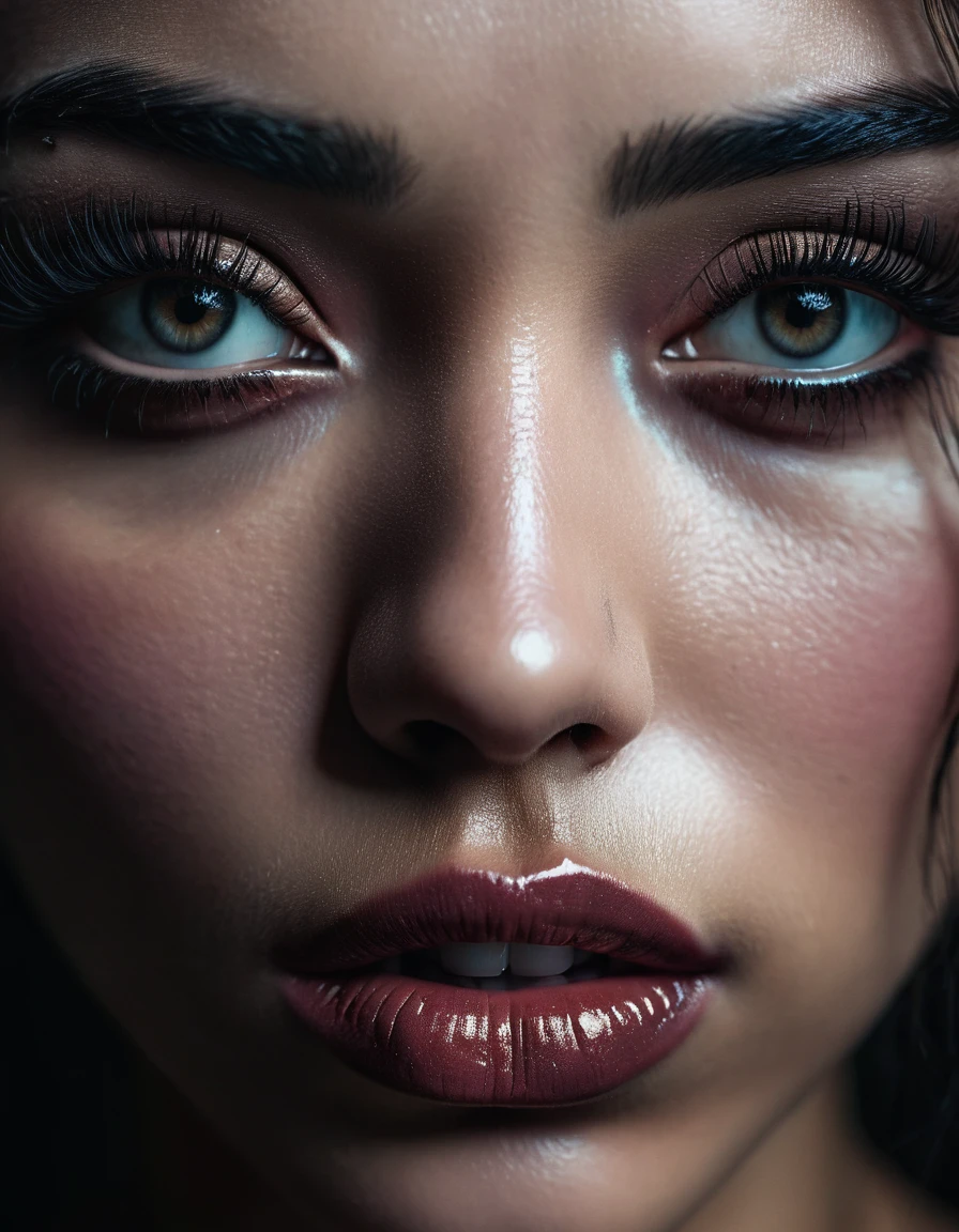 A beautiful woman with detailed eyes CRYING BLACK tears, delicate lips, and long eyelashes, intricate facial features, raw photographic style, ultra-detailed, hyper-realistic textures, cinematic depth of field, dramatic lighting, moody atmosphere, high contrast, dark and muted color palette
