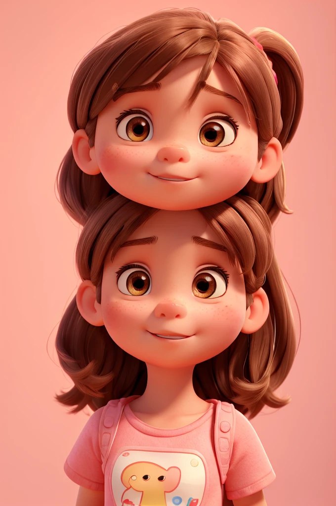 A 4 year old girl, fair skin, rectangular face, big brown eyes, messy long light brown hair with bangs, round medium cheeks, small nose, pink dress, red sneakers, pixar style, 3D, detailed face, 16k, asymmetrical, background transparent