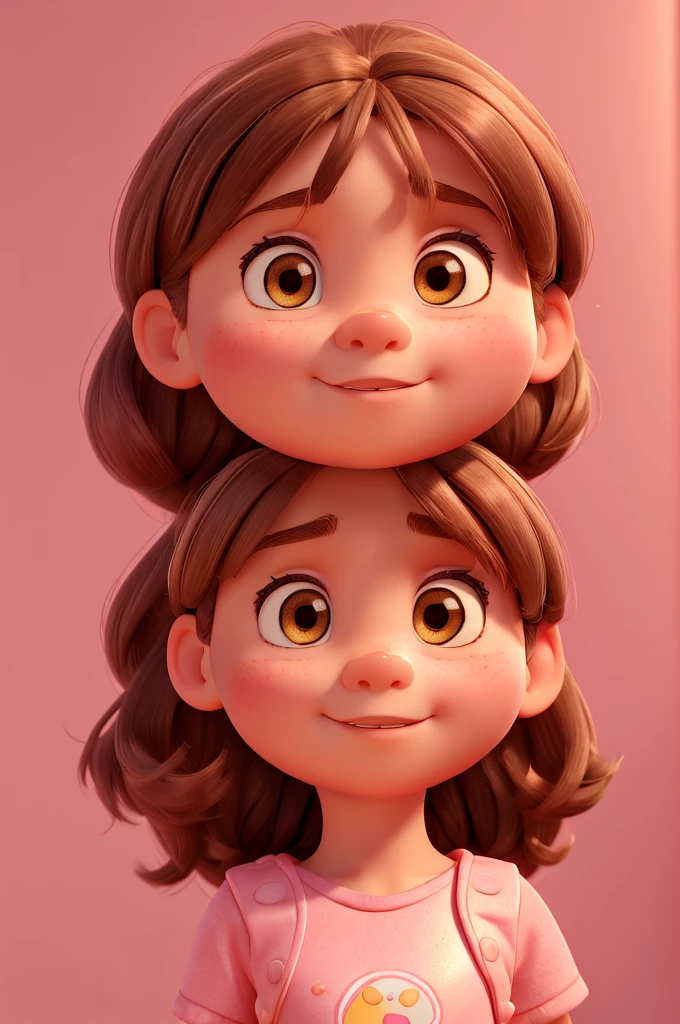 A 4  girl, fair skin, rectangular face, big brown eyes, messy long light brown hair with bangs, round medium cheeks, small nose, pink dress, red sneakers, pixar style, 3D, detailed face, 16k, asymmetrical, background transparent