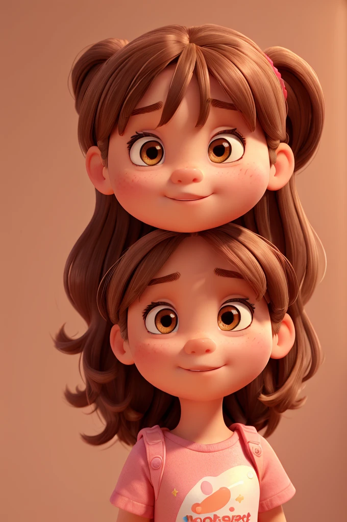 A 4 year old girl, fair skin, rectangular face, big brown eyes, messy long light brown hair with bangs, round medium cheeks, small nose, pink dress, red sneakers, pixar style, 3D, detailed face, 16k, asymmetrical, background transparent