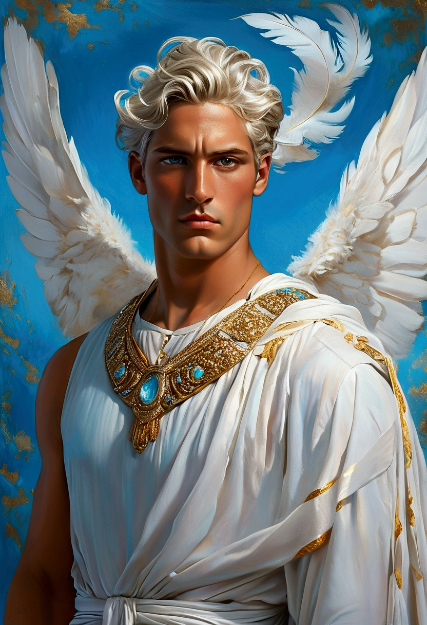 Create a detailed and expressive painting of a man representing the air element, embodying the essence of the element and adorned with celestial colours such as light blues, silvers and subtle touches of gold. He should be centred in the painting, with a serene expression of great wisdom on his face. His shoulders should be visible, while the rest of his body is outside the painting. He should be depicted as a male figure, similar to classical Greek gods such as Hermes, with platinum blond hair, grey eyes and a slightly muscular physique, exuding an aura of divine beauty. The man's attire should include ornamental elements adorned with feathers, symbolising the aerial and ethereal nature of the body covered by a white robe. These feathers may be intricately woven into his attire or as accessories. Place the man in the foreground against a background combining shades of light blue, silver and hints of subtle gold, evoking a celestial atmosphere against a black background. Use shading and textures to enhance the ethereal quality of the background, creating a sense of weightlessness and fluidity associated with the element of air. He uses lighting to highlight the man's facial features and the ornamental details of his attire, ensuring a striking contrast with the sky-toned background. The artistic style should highlight intricate details reminiscent of ancient Greek art, conveying a sense of divine grace and connection to the element of air.