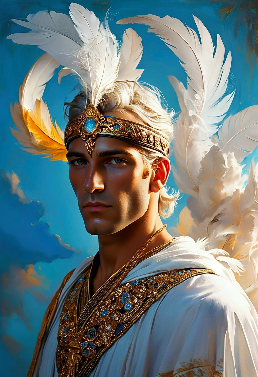 Create a detailed and expressive painting of a man representing the air element, embodying the essence of the element and adorned with celestial colours such as light blues, silvers and subtle touches of gold. He should be centred in the painting, with a serene expression of great wisdom on his face. His shoulders should be visible, while the rest of his body is outside the painting. He should be depicted as a male figure, similar to classical Greek gods such as Hermes, with platinum blond hair, grey eyes and a slightly muscular physique, exuding an aura of divine beauty. The man's attire should include ornamental elements adorned with feathers, symbolising the aerial and ethereal nature of the body covered by a white robe. These feathers may be intricately woven into his attire or as accessories. Place the man in the foreground against a background combining shades of light blue, silver and hints of subtle gold, evoking a celestial atmosphere against a black background. Use shading and textures to enhance the ethereal quality of the background, creating a sense of weightlessness and fluidity associated with the element of air. He uses lighting to highlight the man's facial features and the ornamental details of his attire, ensuring a striking contrast with the sky-toned background. The artistic style should highlight intricate details reminiscent of ancient Greek art, conveying a sense of divine grace and connection to the element of air.