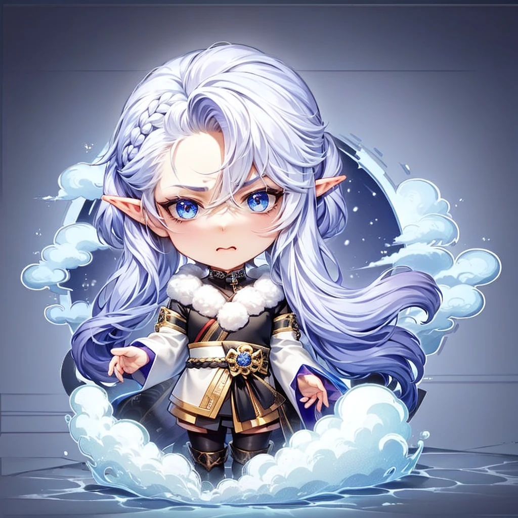 Chibi Character Pixel Art, ((Male)), 1 Male, Long Black Hair, Black Bunched Hair, Ponytail, Braided Hair, Pigtail, Pointed Elf Ears, Elf Male, Forehead, Blue Eyes, Chibi Style, High Quality Pixel Art, Gege Akutami, photography, beautiful, colorful, realistic, masterpieces, top quality, best quality, official art, beautiful and aesthetic, black kimono, perfect anatomy, mini custom chibi, snowy landscape, snowfall, gloomy, stern, angry,