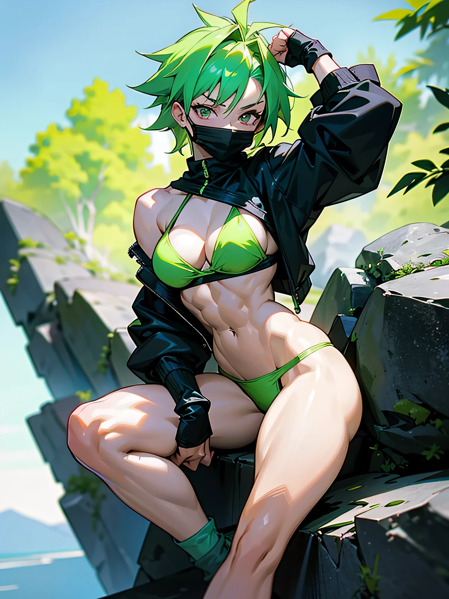 18 year old anime muscle mommy with highligter green hair and pale skin in a neon green thong bikini, and wearing a black surgical mask, flexing her muscles with her hands behind her head so they are not visible to pridefully showing off her rock hard abs while sitting on on a mountain ledge, highly detailed 