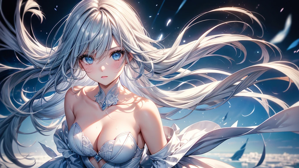 28-year-old female, Cute anime woman, Random background, Random pose, Random costumes, Outfits to match the background, BREAK, shining, extremely long straight hair, ((Silver hair gradient light blue hair)), /Hair blowing in the wind, Super high quality hair, clear, side swept bangs, Long bangs cover one eye, Cute beauty face, (focus on face), Ultra-delicate facial texture, Sparkling pupils, ((Clear light blue eyes)), thin eyebrows, long upper eyelashes, double eyelids, Upper Eye, High-fidelity eyes, (Ultra-delicate eyes), Sexy and attractive lips, moist lips, Pink lip gloss, Richly detailed lips, White skin, delicate skin, Silky skin, (Super textured skin), BREAK,  upright, Attractive medium breasts, Beautiful figure, Slim figure, anatomically correct, correct limbs, correct finger, Extremely delicate fingers, (Beautiful fingers), Perfect hands, Very high quality clothes, perfect clothing texture, Complete clothes, the right clothes, BREAK, original photo, CG unity, professional, photography, Movie, Ultra-delicate, Clear focus, (high resolution), Deformed depth of field blurred background, Detailed background, Perfect layer cutting, Atmospheric distance sense, artistic, (full-body shot/Cowboy shooting/Rear view/Top view/Top view), /something is flying, /cloud, /snow /water /ice, (best quality), Exactly, masterpiece, Award-winning, 