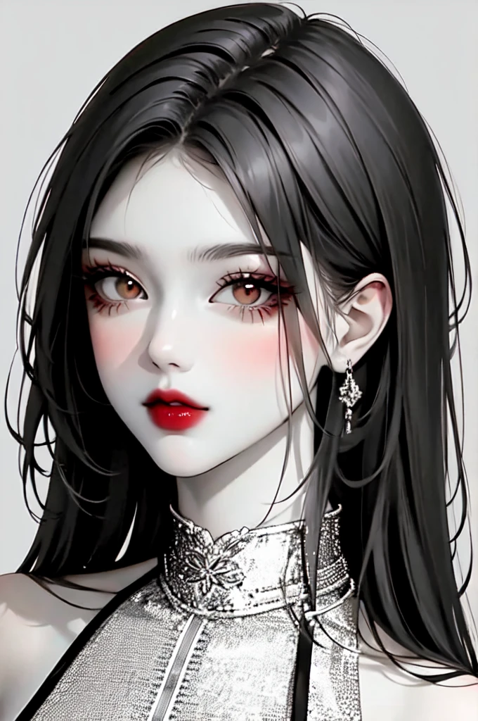 1 girl from the front, looking at the viewer, alone, has, lipstick, Red lips, wide, dress, make up, monochrome, White background, neck, Upper part of the body, direct color, hair over the shoulder,Dark theme,bright,bright skin,milf,(young woman:1.2), 