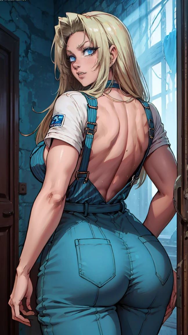 (masterpiece, highest quality, best quality, official art, beautiful and aesthetic: 1.2), (1girl), extremely detailed, (fractal art: 1.3), highest detailed, lower boddy focus, lower body, HDR, ), vivid visual effects, (dynamic stripes, luminous traces: 1.2), back viee, nude, hip focus, sexy, wide hips, thicc figure, completely naked, abs, muscular, ass, ass focus. Looking at viewer, looking back, Detailed face, Detailed eyes, perfect face, perfect eyes, integra, integra hellsing, wearing overall jumpsuit, overall jumpsuit, exposed thighs