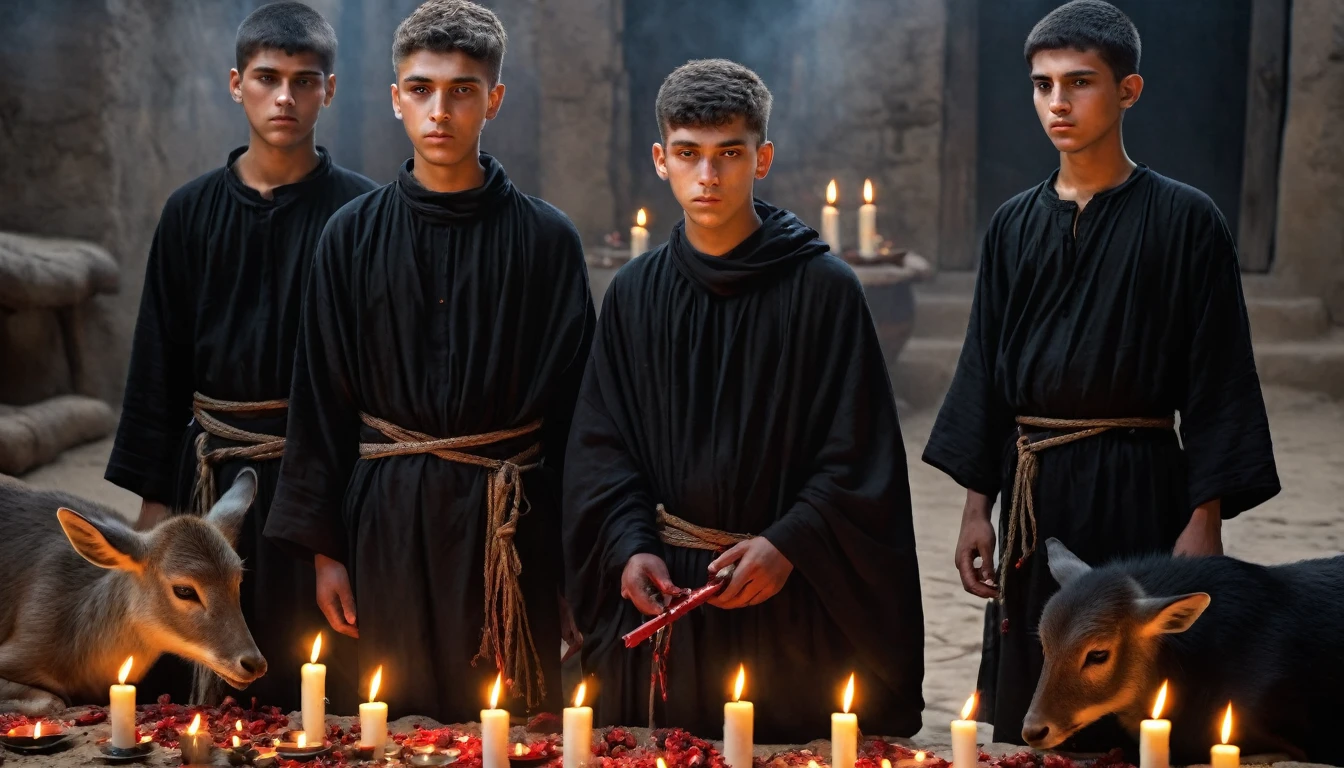 three poor 18 year old MEN dressed in black tunic, candles, sacrificing animals with Blood, clear and ultra realistic image