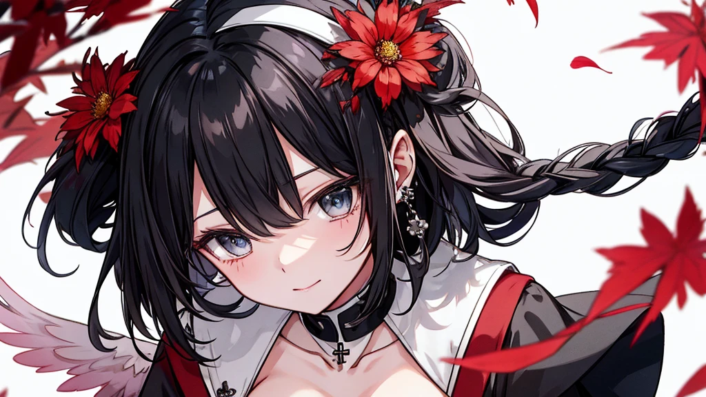 （（tmasterpiece：1.4, Best quality at best））+, （hyper-detailing）+, （Green-eyed：1.5）+, （winged ears：1.5）, （cute girls）, （Exquisite black nun dress：1.5）, Short hair details, Long braids on both sides, （wariza：1.2）, pale-skinned, （white cloth：1.5）, （black sash,，black long pants：1.4）, dense fog, metal chains，red flower,Autumn leaves，baiyun，White wings，crosses，Chis，（Angel nuns：1.1）, （dawn light：1.2）, ）, （Close-up cleavage：1.1）, (elevation perspective:1.3), fingersmile, light blush, forehead jewel, Colored inner hair, Striped hair, black color hair, god light，The halo，