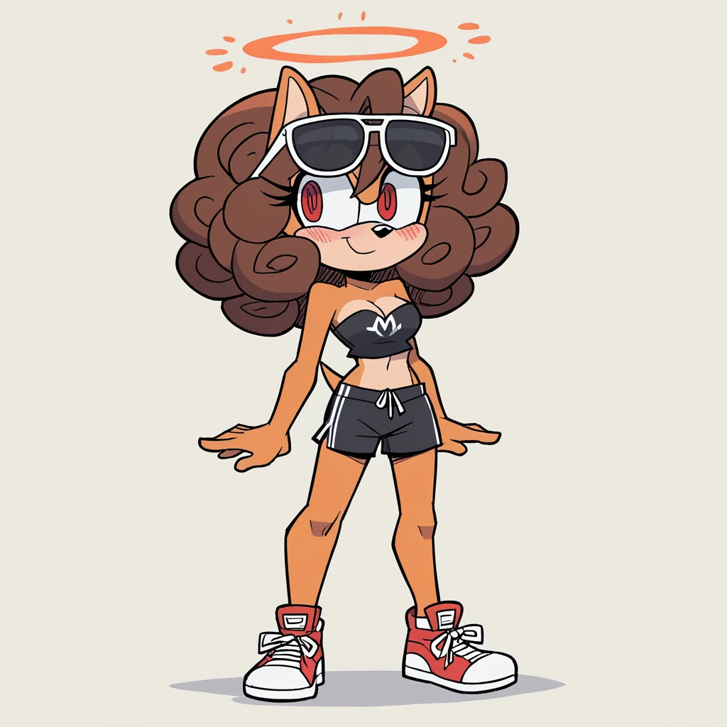 score_9, score_8_up, solo, mobian, hedgehog, two-tone fur ((orange fur, brown fur)), pyjama elastic shorts, strapless crop top, cleavage, high-top sneakers, two-tone hair (brown hair, black tip)), curly hair, halo, sunglasses, jewelry, red eyes, longeyelashes, red eyes, smile, shy, blush