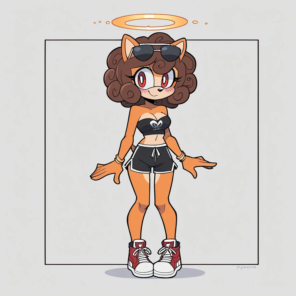 score_9, score_8_up, solo, mobian, hedgehog, two-tone fur ((orange fur, brown fur)), pyjama elastic shorts, strapless crop top, cleavage, high-top sneakers, two-tone hair (brown hair, black tip)), curly hair, halo, sunglasses, jewelry, red eyes, longeyelashes, red eyes, smile, shy, blush