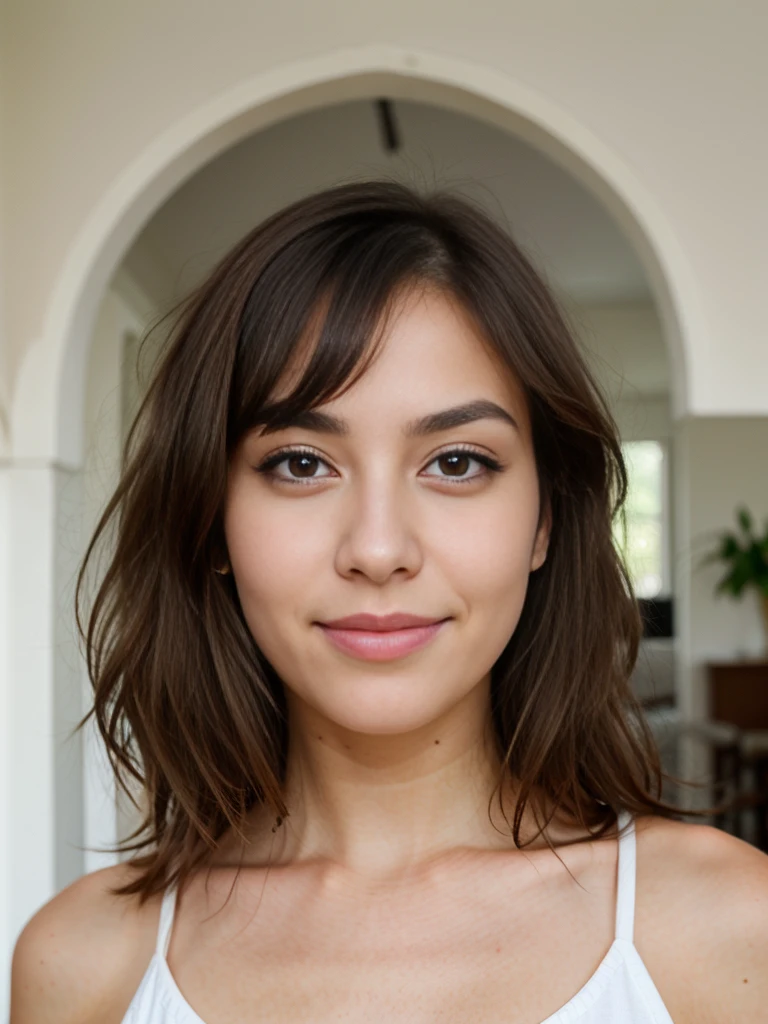 A beautiful girl, face detail, brown eyes, almond eye shape, close up face, caucasian type, innocent gaze, big lips, heart faceshape, fine nose, standing in a living room, very detailed, naturally wavy brown hair, high quality, small wrinkles, 4k, extremely detailed, dark circles, mole on the face, imperfections, medium arch eyebrows shape, thick eyebrow, black eyebrow, smile line