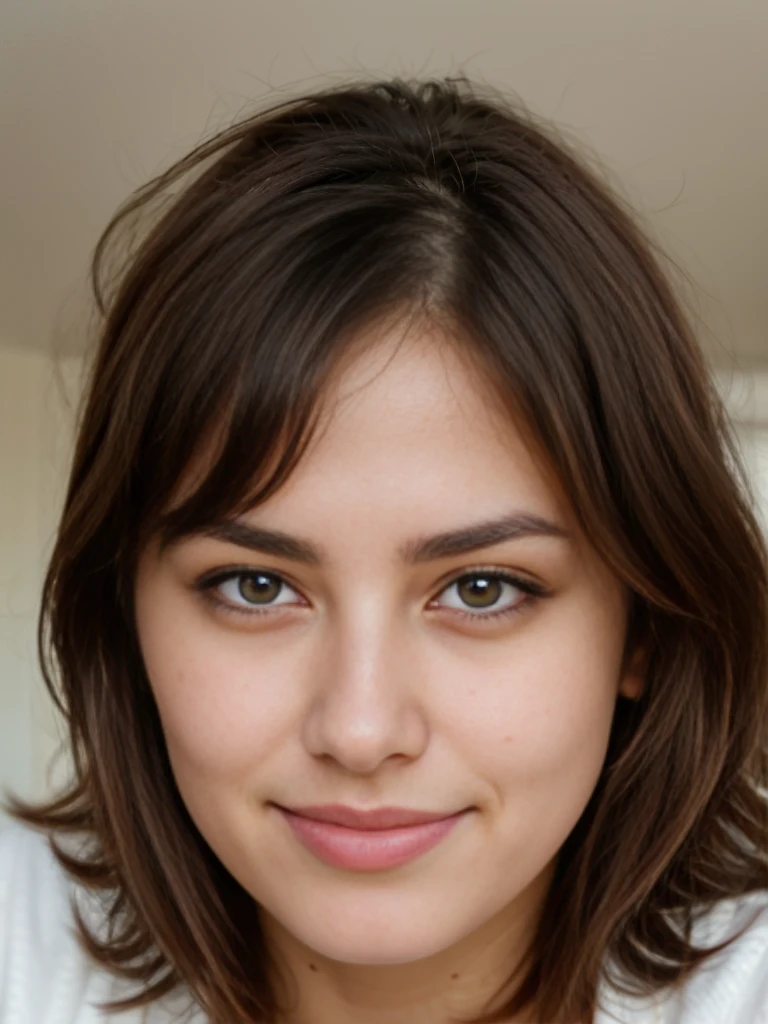 A beautiful girl, face detail, brown eyes, almond eye shape, close up face, caucasian type, innocent gaze, big lips, heart faceshape, fine nose, standing in a living room, very detailed, naturally wavy brown hair, high quality, small wrinkles, 4k, extremely detailed, dark circles, mole on the face, imperfections, medium arch eyebrows shape, thick eyebrow, black eyebrow, smile line