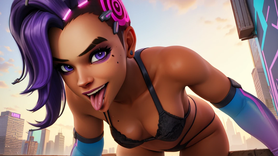 sombra, purple hair,  purple eyes,  mole under eye, open mouth, tongue out, winking, horny
elbow gloves, slingshot_bikini, nsfw   light smile, small breasts, cameltoe
squatting, spread legs, looking at viewer, sexy pose
day, city,  outside, nsfw 
(insanely detailed, beautiful detailed face, beautiful detailed eyes, masterpiece, best quality), 1girl,
cyberpunk,  