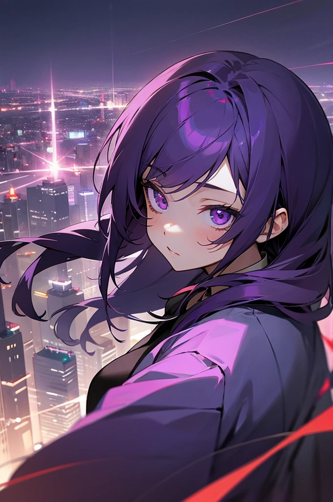 anime girl, dark eyes, PURPLE HAIR, city night