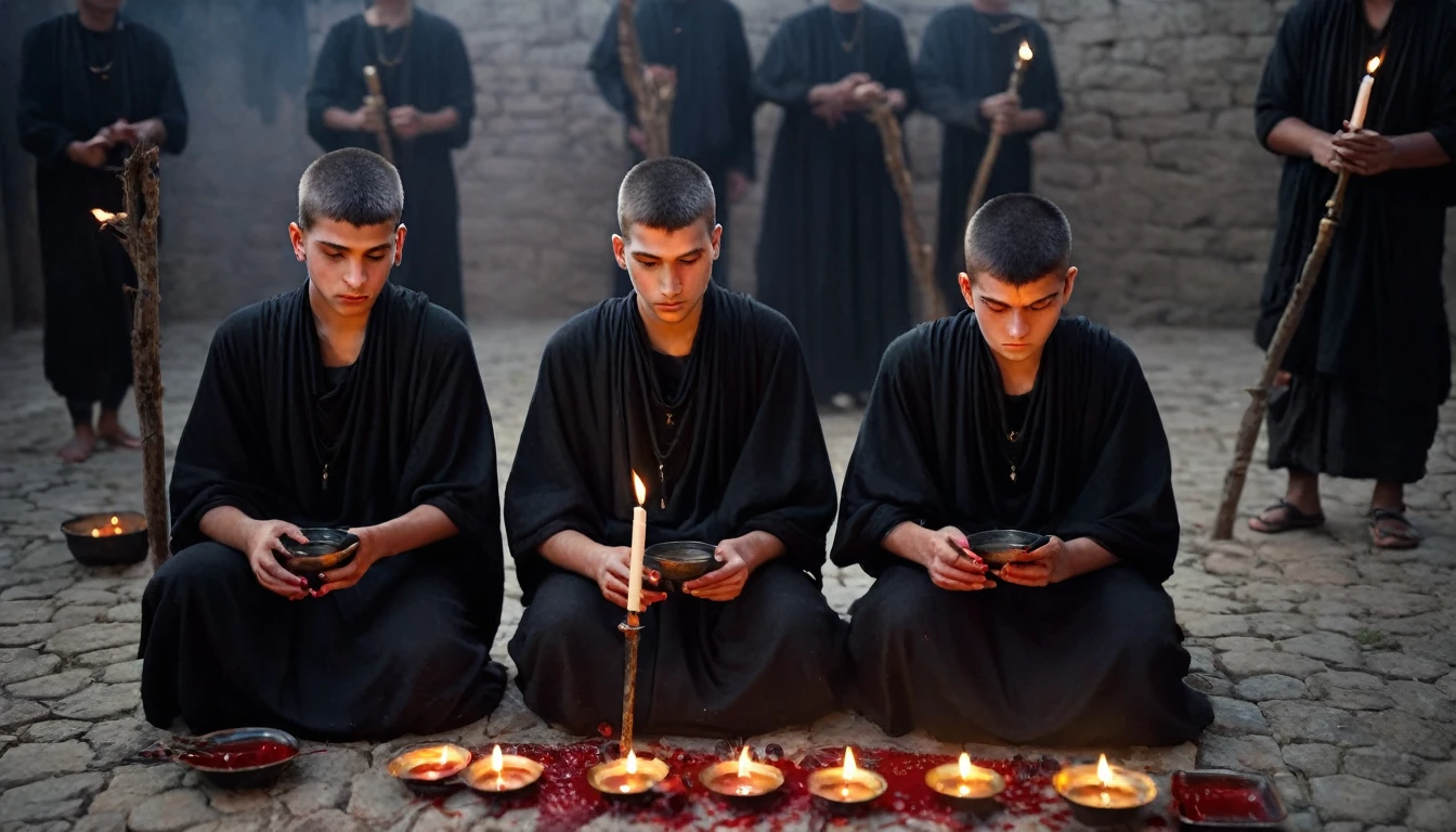 three poor 18 year old MEN dressed in black tunic, candles, sacrificing animals with Blood, clear and ultra realistic image