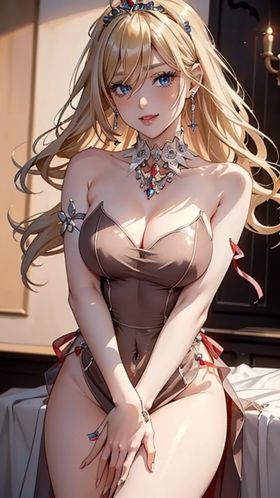 (((masterpiece, super high resolution, ultra HD, 8K quality))), (((woman in shin red colored evening dress))), (((See-through revealing dress))), (((blonde short hair, wave hair))), (((beautiful sparkling blue eyes, pupils with highlights))), ((long bangs)), pink lips, sexy expression, ((highly detailed)), (perfectly detailed face), (detailed and carefully drawn hands), (((very Big Tits, cute smile))), photorealistic image, silver tiara and earrings, pearl necklace, jade bangle, diamond ring, Beautiful figure from the knees up, standing, beautiful pose
