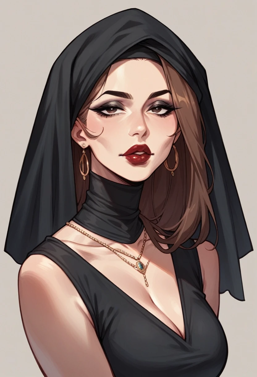 Mature woman, solo, light skin, dark brown long thin hair, makeup, black eyeliner, red big lips, black clothes, black headscarf 