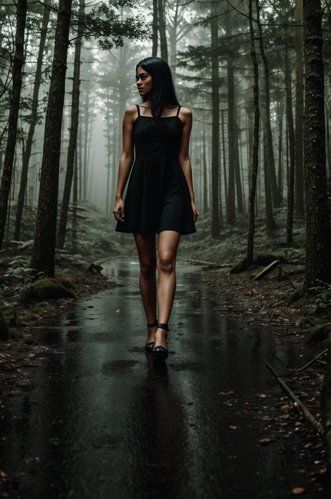  in short black dress, In a forest, dark environment, Dark, rain