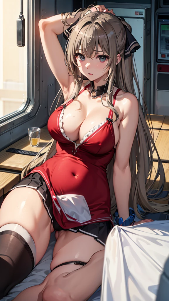 Isuzu Sento、Highest quality、Highest quality、Huge super 、Cleavage、A fawning expression、high school girl、sexual behavior、sex、Armpit、pregnancy、Cowgirl、vagina、Thighs、Knee socks、Armpit見せ、両Armpit見せ、Glare、Close-up、train、strap、Armpitチラ、Absolute area、Female organ、 slip out、strap、Sideboob