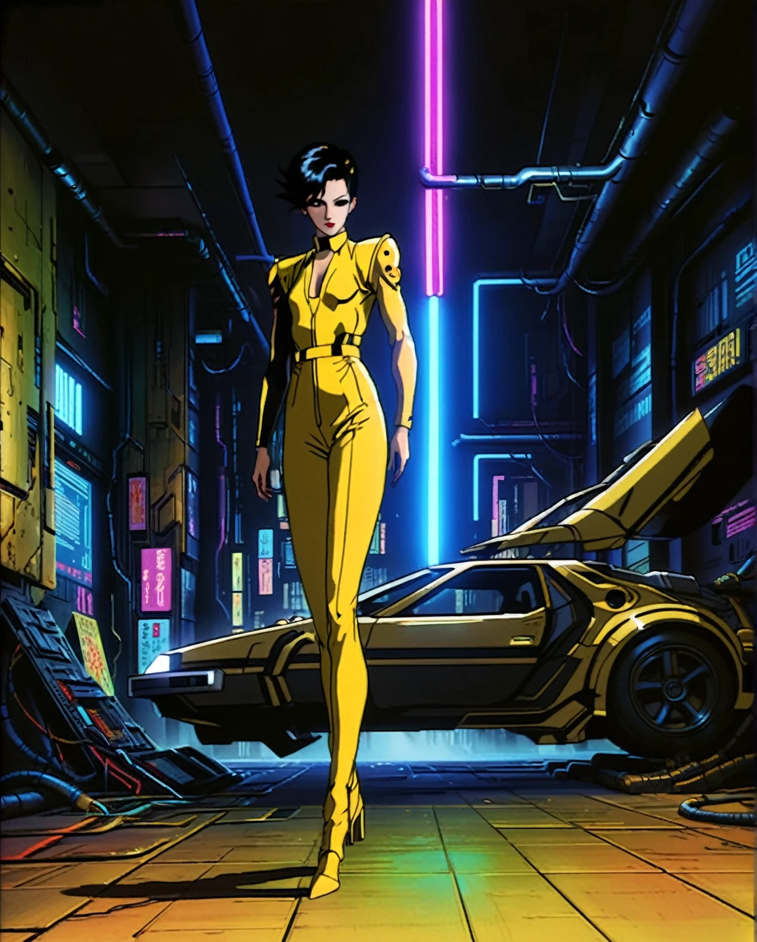 In a neon-lit cyberpunk space setting, a figure emerges clad in a sleek yellow jumpsuit, designed with a distinct art style reminiscent of Yoshiaki Kawajiri. The scene is portrayed in a vivid and elaborate digital painting, showcasing sharp edges and dynamic colors. The jumpsuit gleams with metallic sheen, accentuating the mysterious allure of the character. Every detail, from the sleek contours to the intricate patterns, contributes to the image's captivating and high-quality execution, drawing viewers into a futuristic world of intrigue and sophistication.
