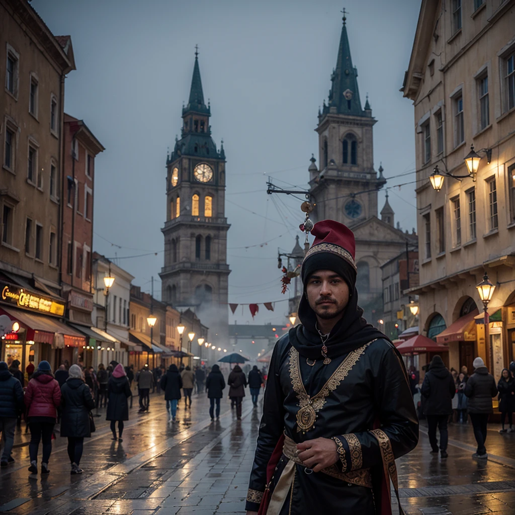 carnival in the fog on the town square of an ancient city, mystical, surreal