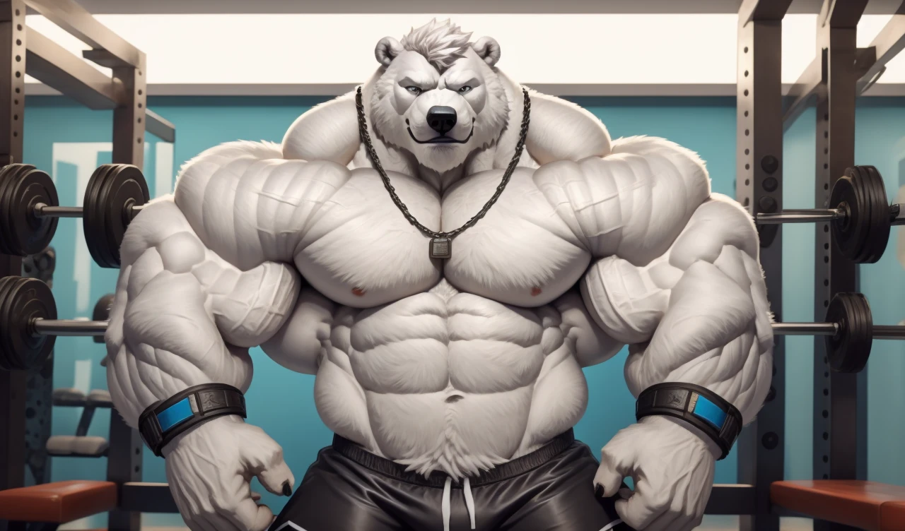 Brock Ólafsson The Huge Muscled Polar Bear, with White Hair, Shirtless, Topless, Black Wristbands and Black Gym Shorts, Flexing His Thorax.