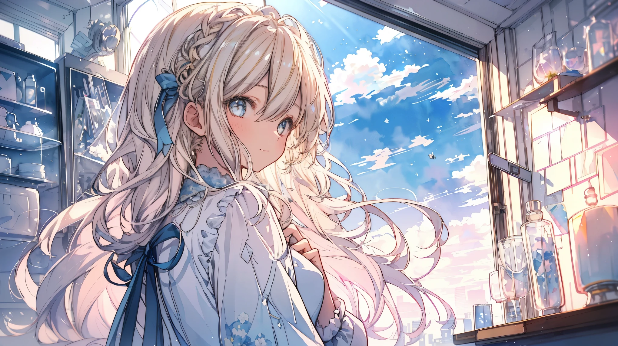((super detailed),sky background,beautiful clouds,The light from the back window is backlit.,element,Watercolor pattern in calm colors),(watercolor texture), ((1 girl),long gray hair,blonde hair,blue eyes,adorable,Angelic),light smile,lolita prostitute,best image quality